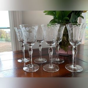 6 vintage etched glasses